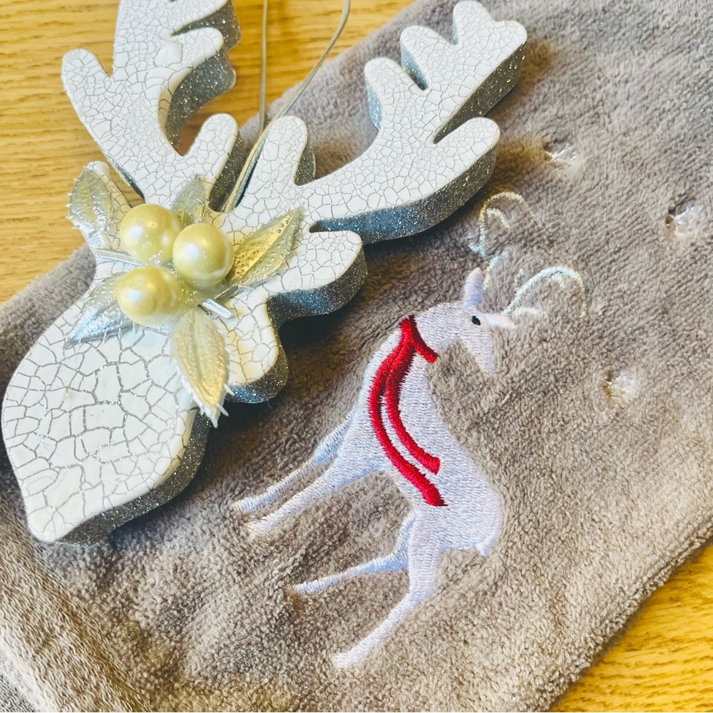 3 Gray Reindeer Embroidered holiday towels and 3 Reindeer antlered ornaments